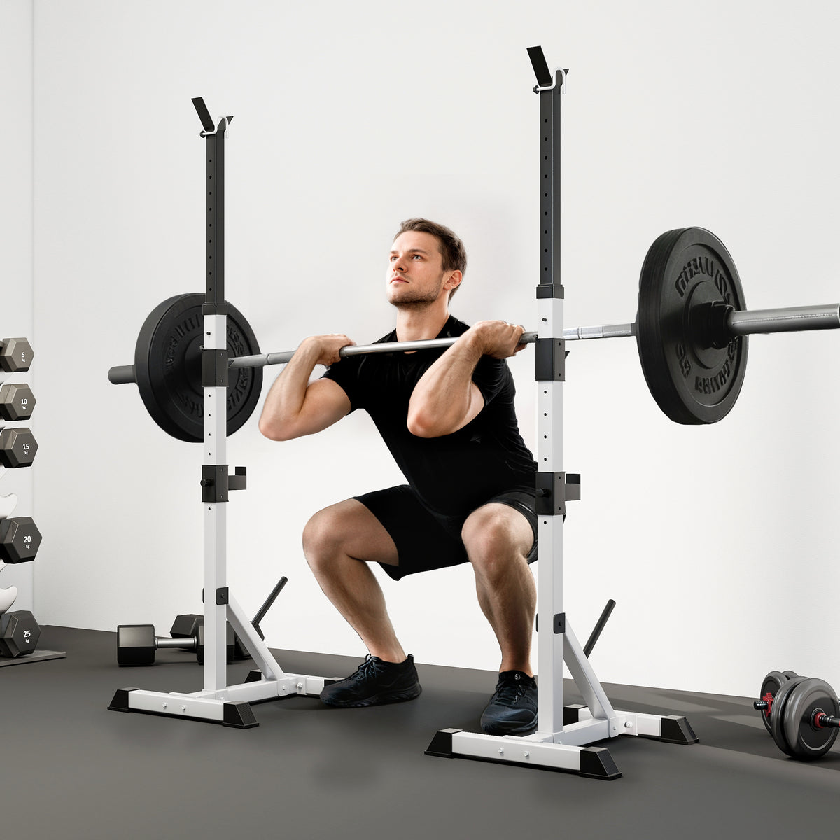 Squat Rack Réglable en Acier, Charge 200 kg, Support pour 3 Barres d'Haltères avec Crochets, 58,5x75,5x136-176cm, Argent-1
