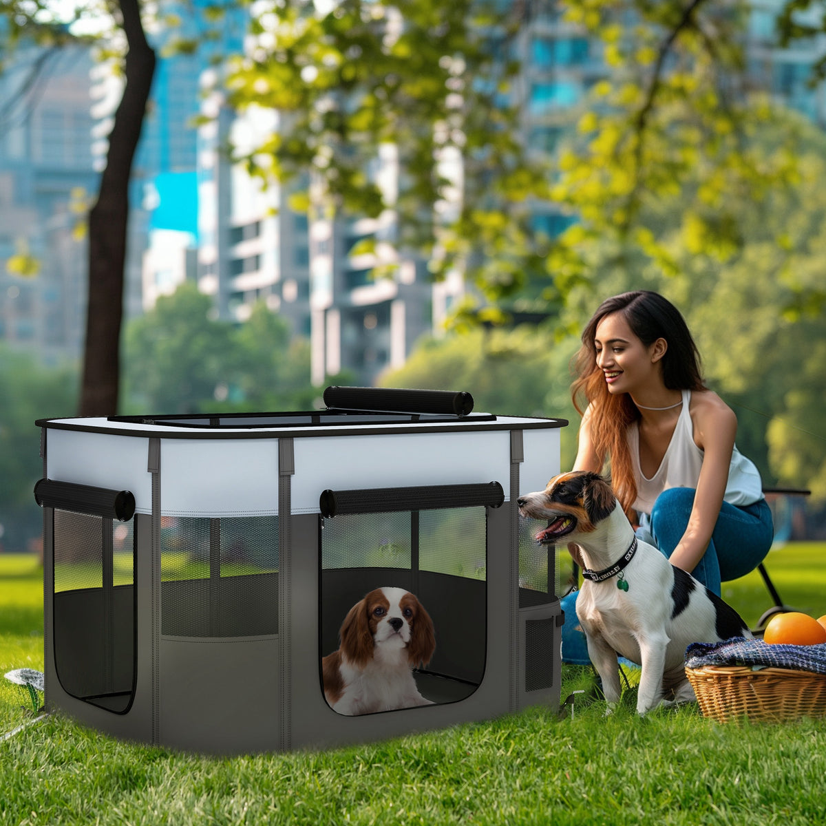 Parc enclos pliable pour chien chat petits animaux en tissu Oxford avec rangement 94 x 74 x 60 cm gris et noir-1