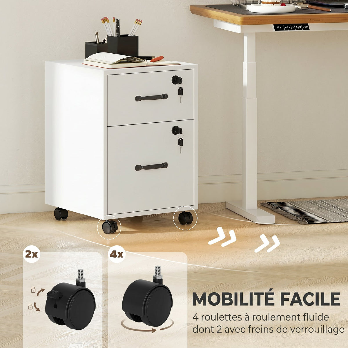 Caisson bureau mobile à 2 tiroirs, meuble rangement bureau sur roulettes pour documents suspendus format lettre, blanc-5
