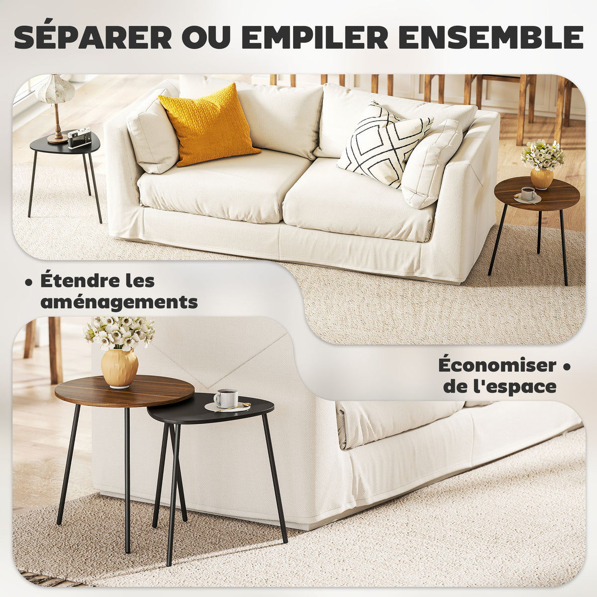 Lot de 2 tables basses gigognes, tables d'appoint contemporain cadre en métal, ronde et triangulaire, noyer et noir-3