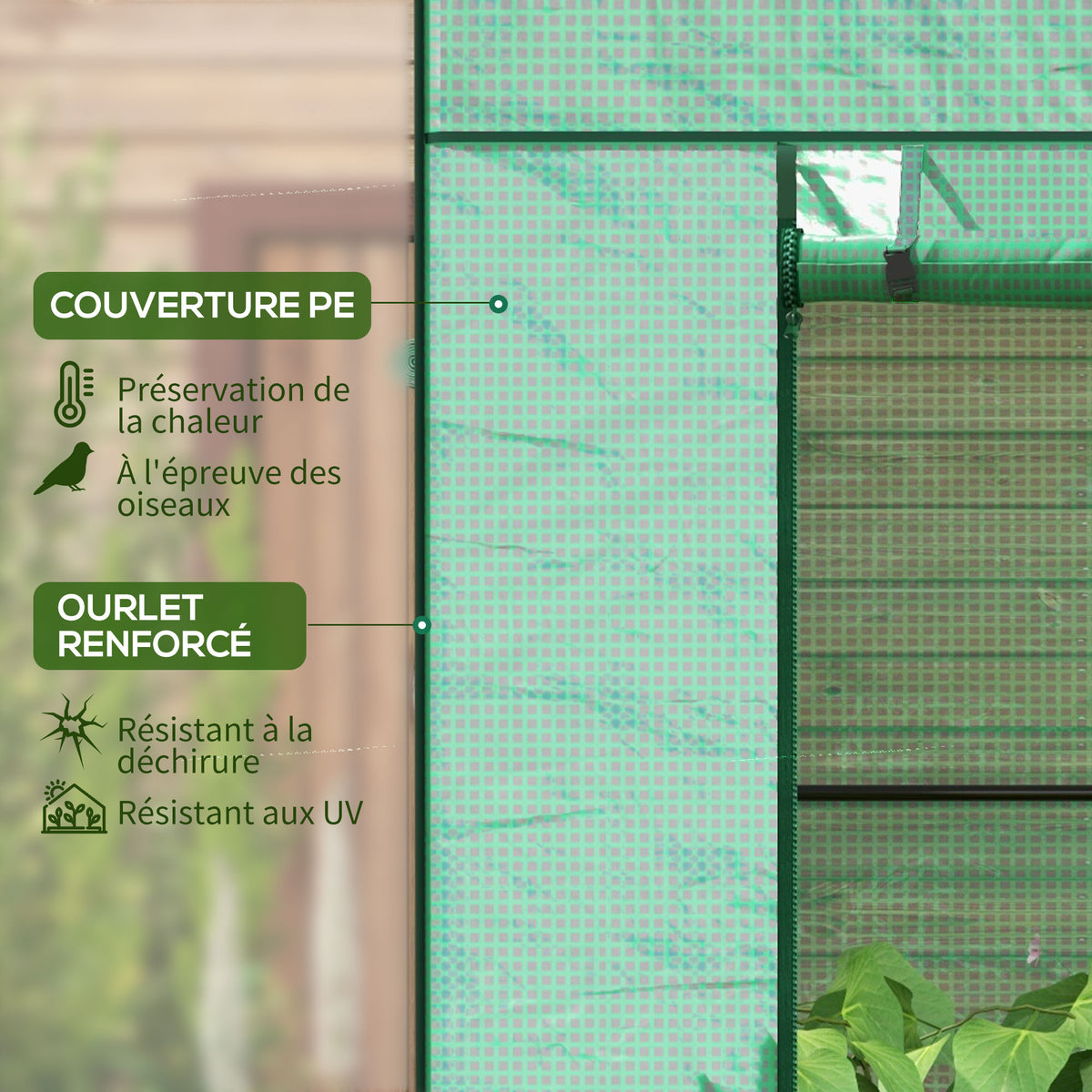 Serre de jardin murale adossée avec 1 porte enroulable, bâche PE renforcée, 2 fenêtres, dim. 196L x 77l x 197/178H cm-3