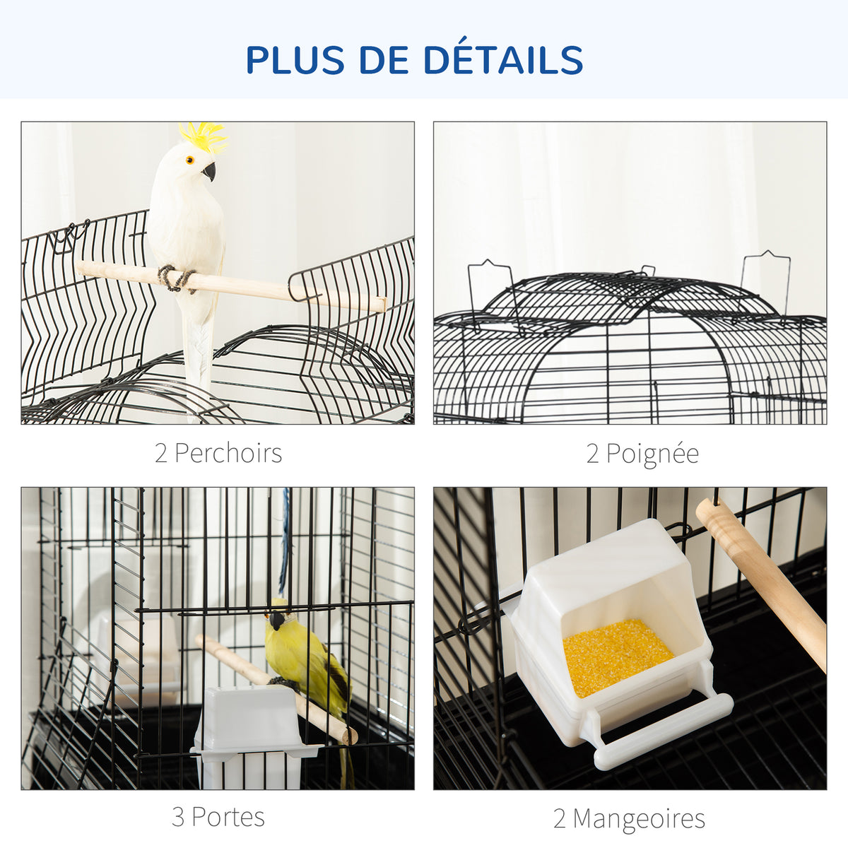 Cage à oiseaux volière pour oiseaux sur roulettes avec toit ouvrant 3 perchoirs étagère inférieure 46 x 36 x 130 cm noir-5