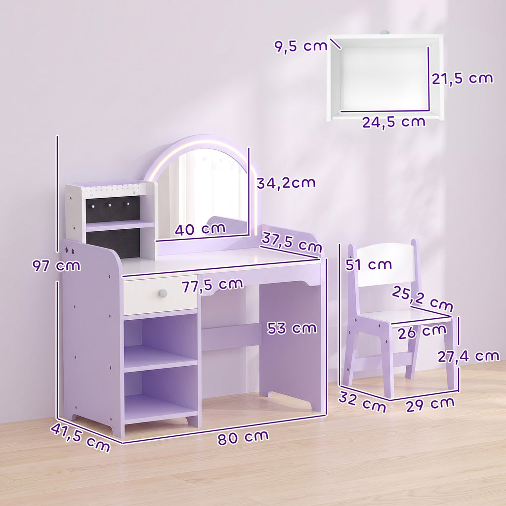 Coiffeuse pour Enfants avec Tabouret et Miroir en Acrylique à Éclairage Bicolore Coiffeuse Bureau Fille 3-8 Ans Violet-2