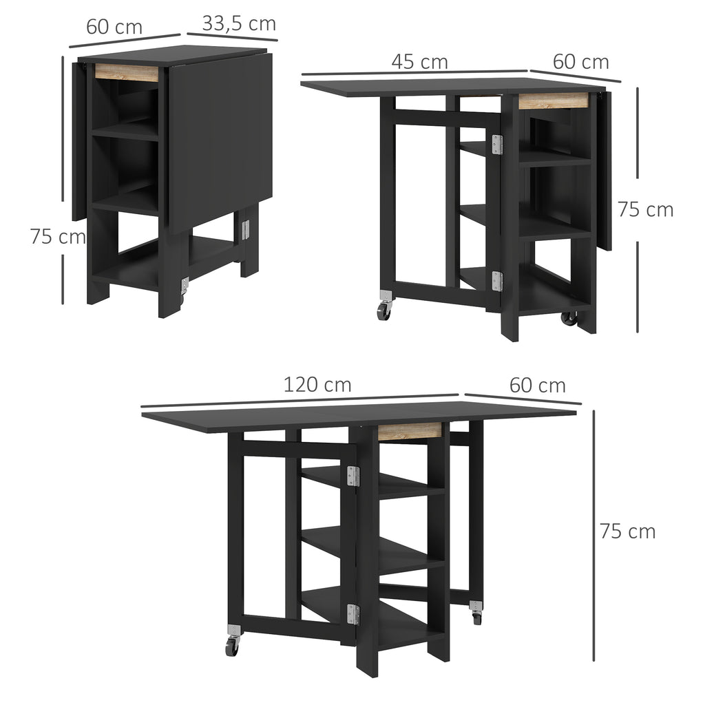 Table à Manger Pliante sur Roulettes, Table de Cuisine pour 2 à 4 Personnes avec Étagères de Rangement, Noir-2