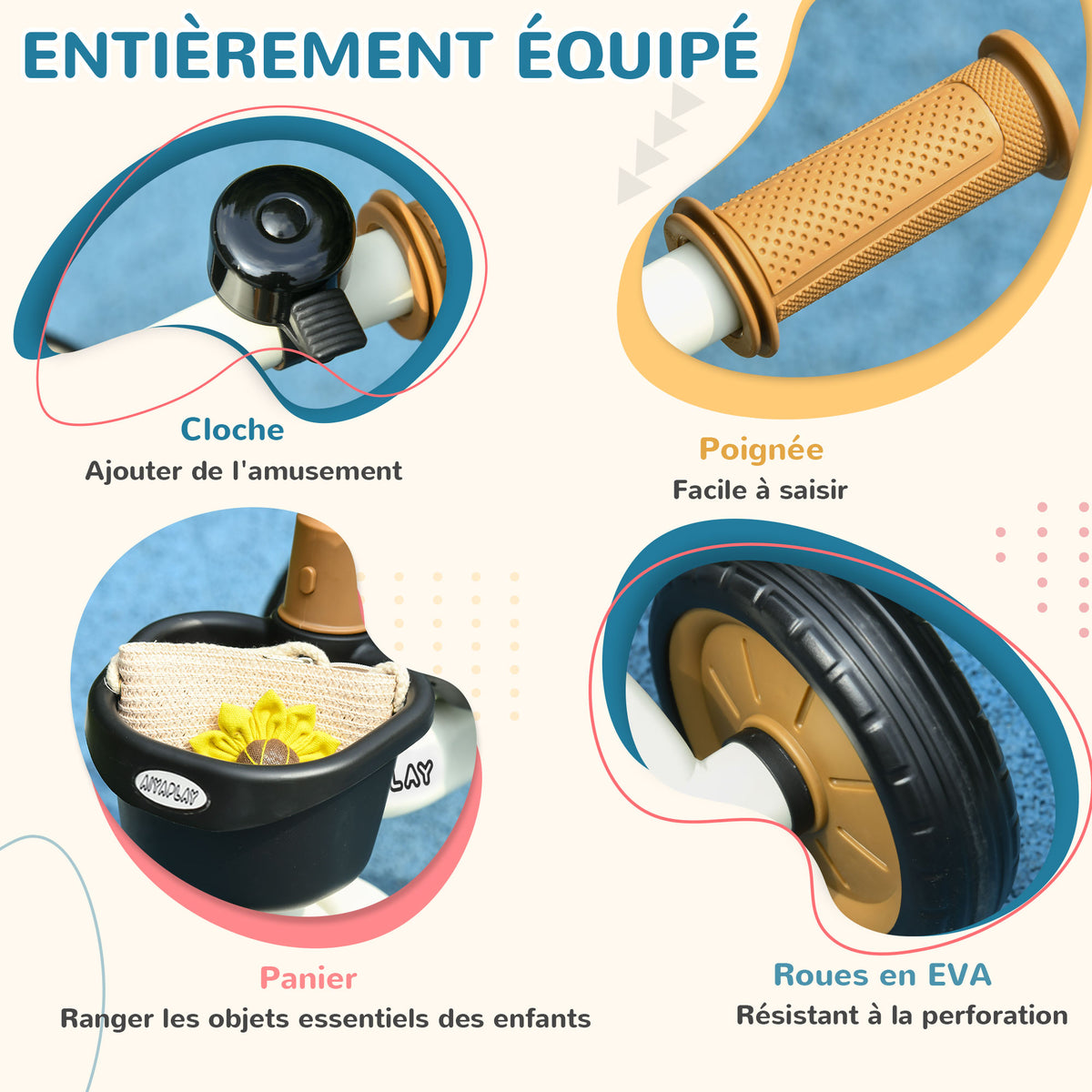 Tricycle enfants avec sonnette et panier selle réglable avec dossier - pour enfant de 2 à 5 ans blanc-5