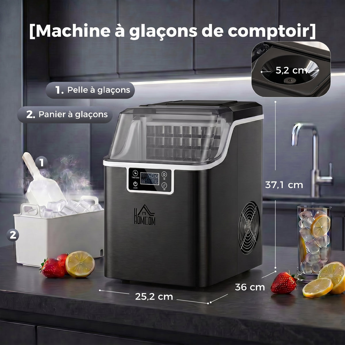 Machine à glaçons, 20 kg en 24h, 24 glaçons en 14-18 min, ice maker avec fonction autonettoyante, 25,2x36x37,1cm, noir-2