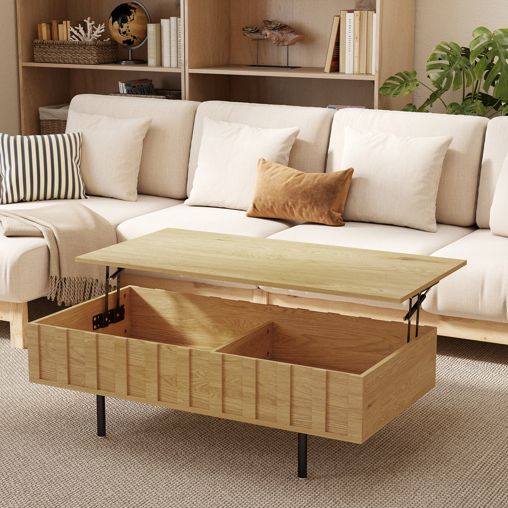 Table Basse Relevable avec 2 Compartiments Cachés et Latéraux Cannelés, Style Mid-Century Modern, 110x55x36,5cm, Chêne-1