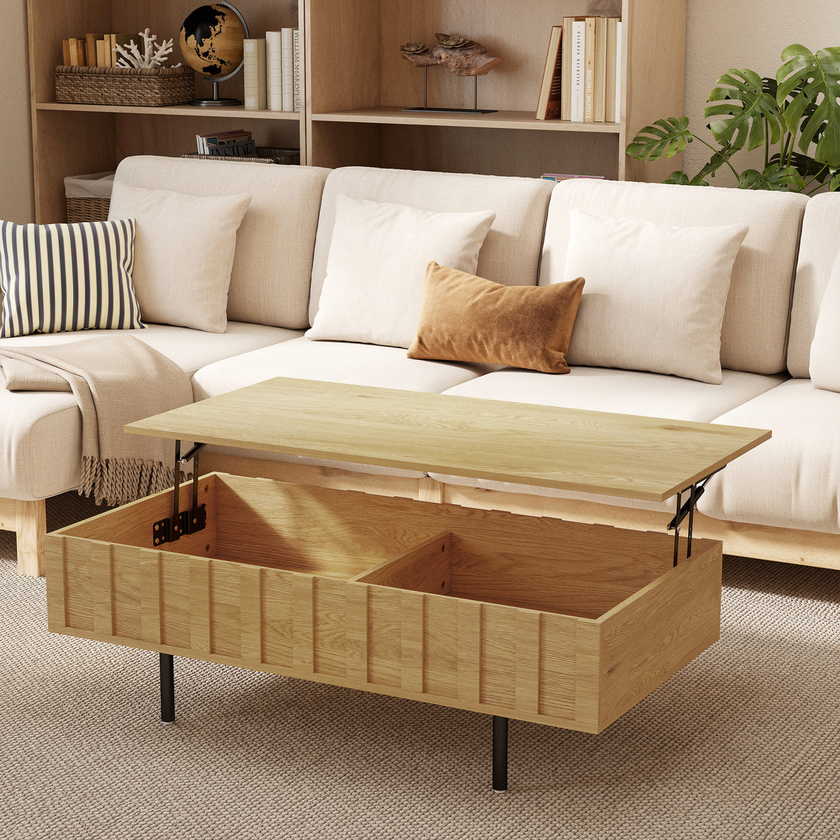 Table Basse Relevable avec 2 Compartiments Cachés et Latéraux Cannelés, Style Mid-Century Modern, 110x55x36,5cm, Chêne-1