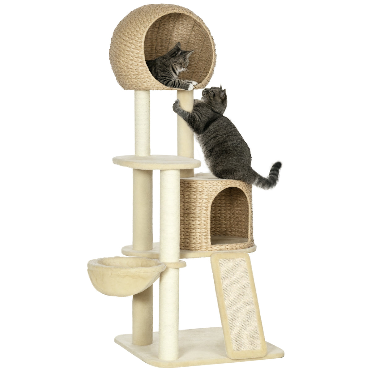 Arbre à chats griffoir sisal naturel 2 niches plateforme hamac peluche jacinthe d'eau - 60 x 60 x 150 cm beige-0
