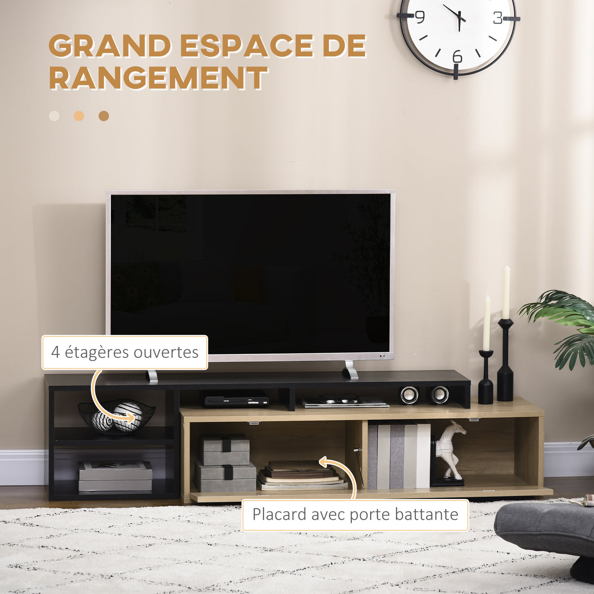 Meuble TV banc TV jusqu'à 65 pouces avec étagère amovible style contemporain porte basculante pour salon chambre-3