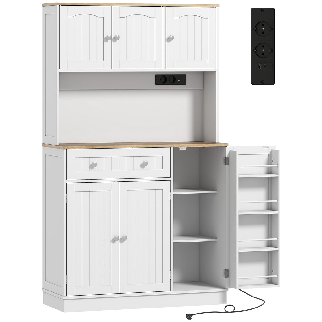 Buffet haut cuisine, armoire de cuisine, station de charge, 6 portes, plan de travail, porte-épices, 100x40x173cm, blanc-0
