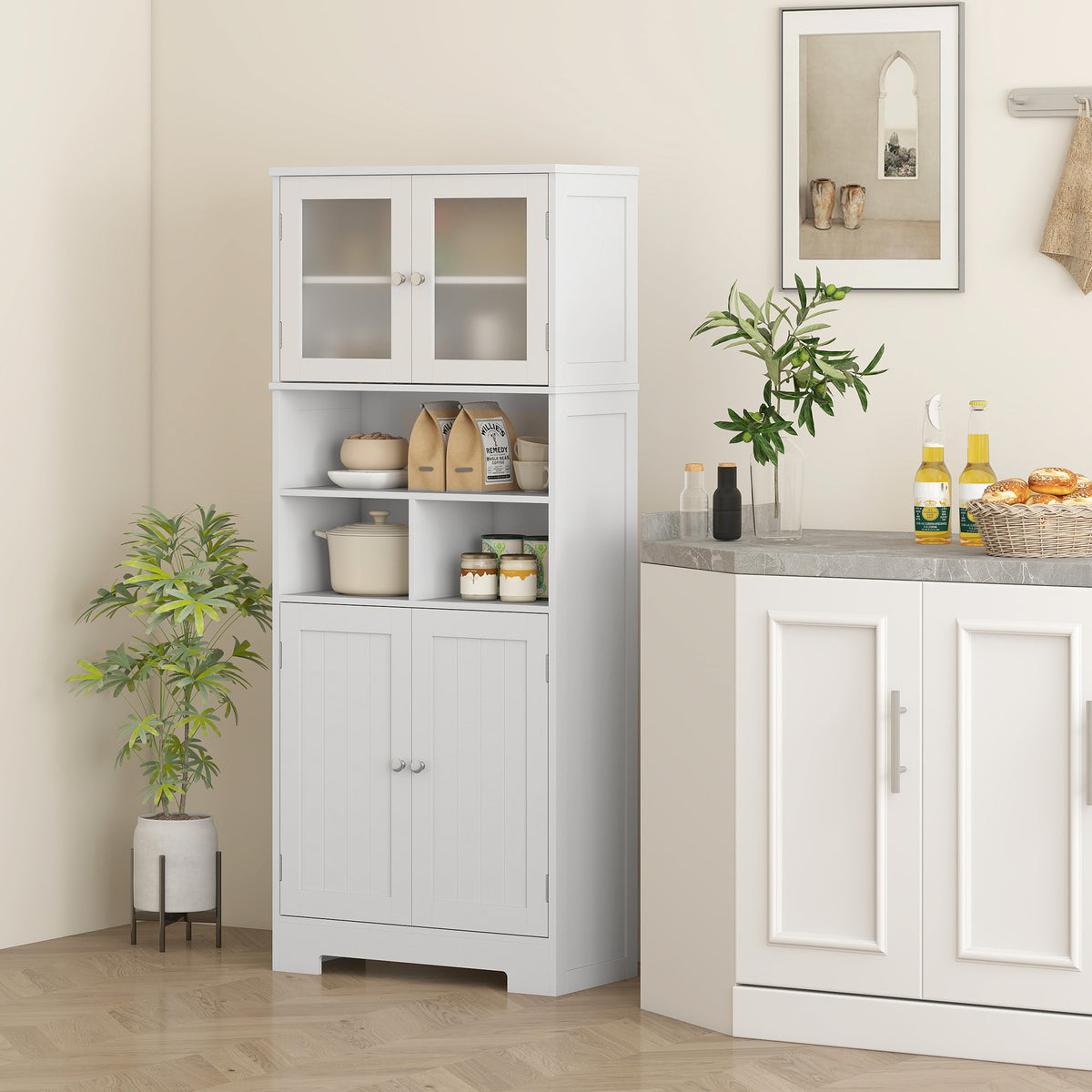Buffet haut cuisine, armoire de cuisine, 4 portes, niches, étagères réglables, portes en verre, 60 x 30 x 145,5 cm blanc-1