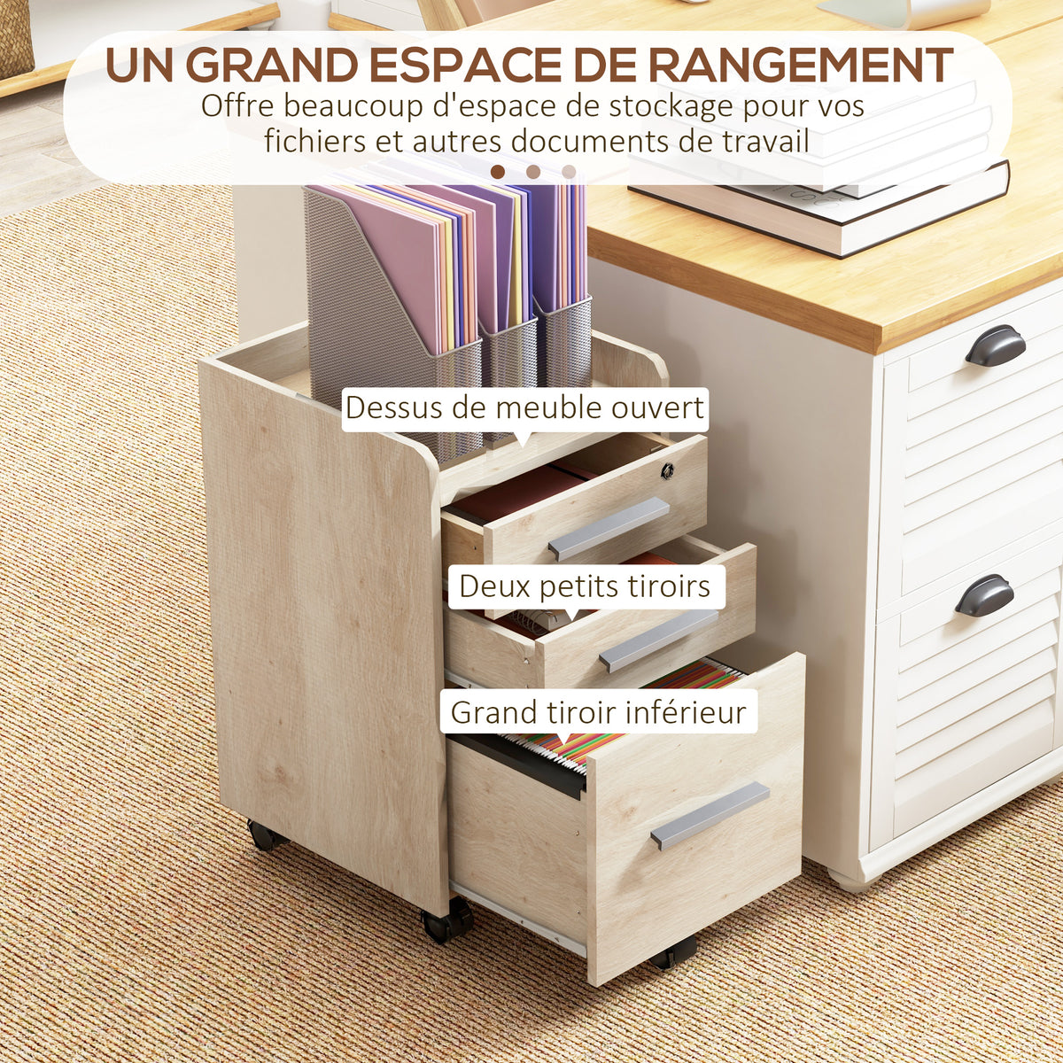 Caisson de bureau rangement bureau sur roulettes 3 tiroirs 1 verrouillable 1 trieur dossiers en bois beige-3