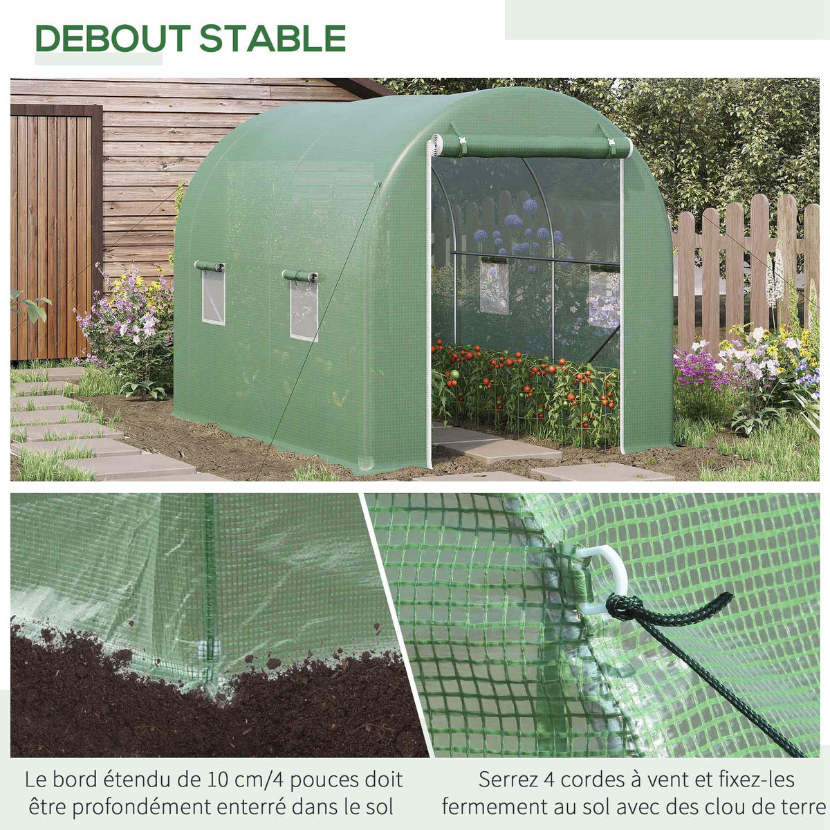 Serre de Jardin Tunnel Surface Sol 6 m² 3L x 2l x 2,10H m châssis Tubulaire renforcé Porte zippée 4 fenêtres enroulables cadre en métal Vert-4