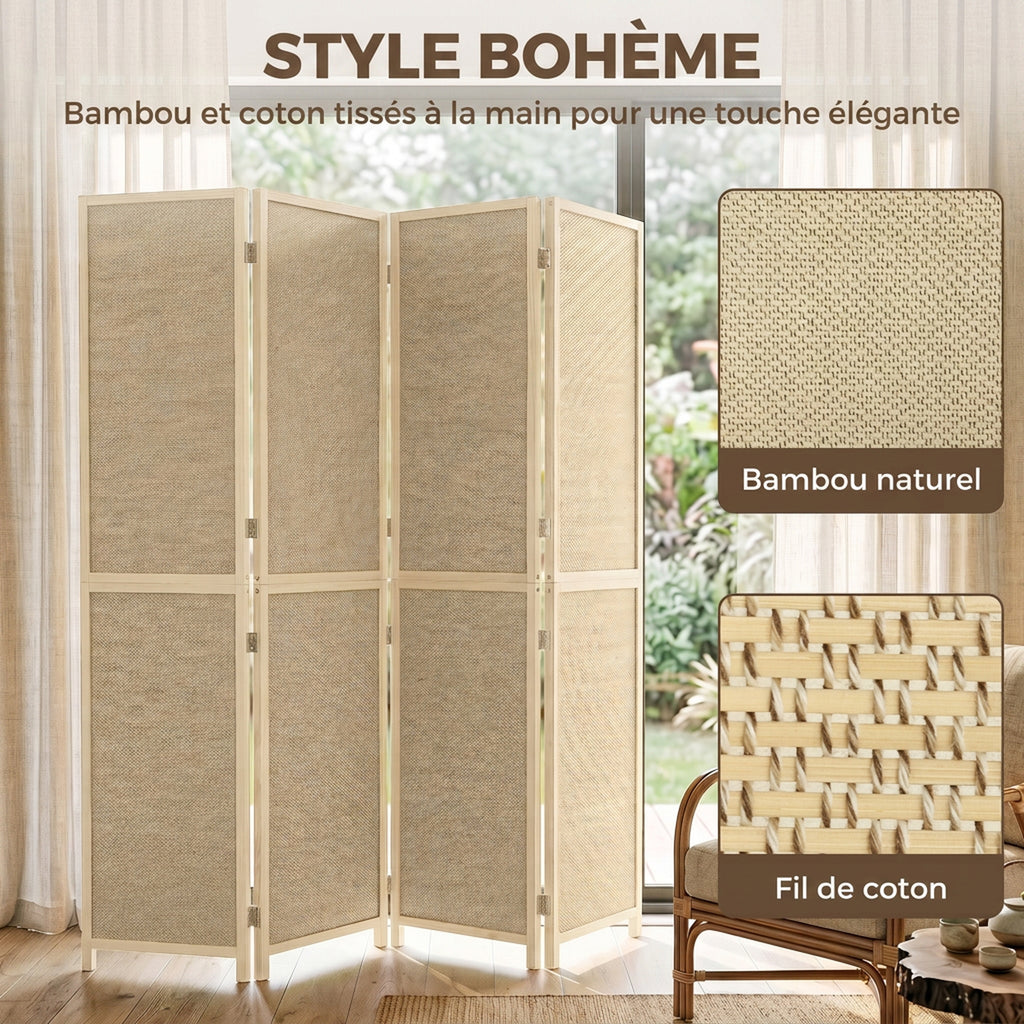 Paravent Interieur en Bambou 4 Panneaux 180x180cm, Séparateur de Pièce Pliable et Portable, Style Bohème, Bois Naturel-3