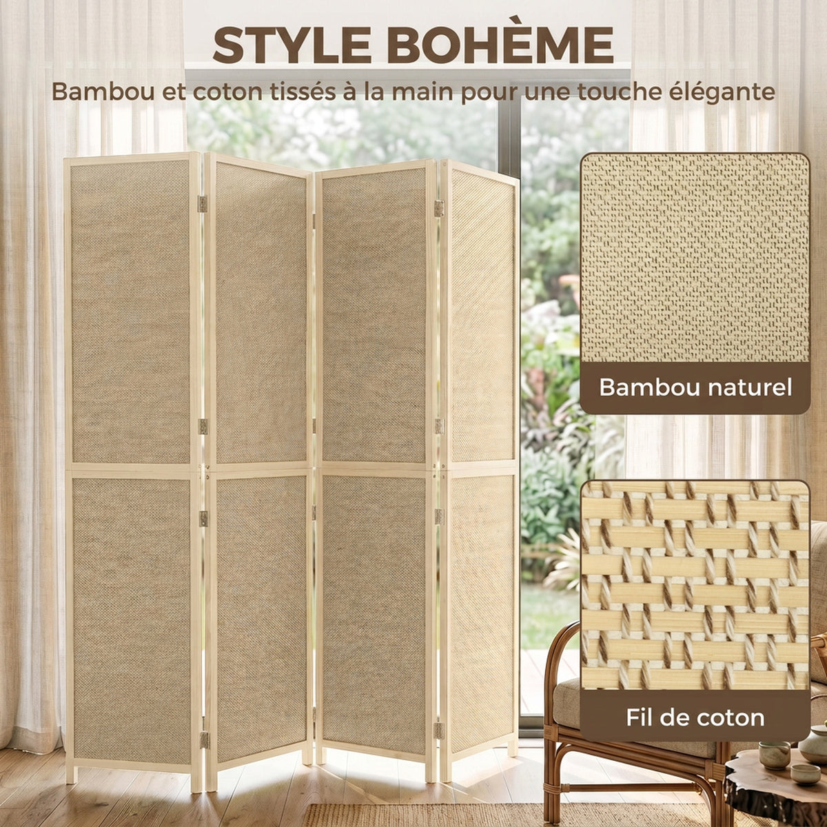 Paravent Interieur en Bambou 4 Panneaux 180x180cm, Séparateur de Pièce Pliable et Portable, Style Bohème, Bois Naturel-3