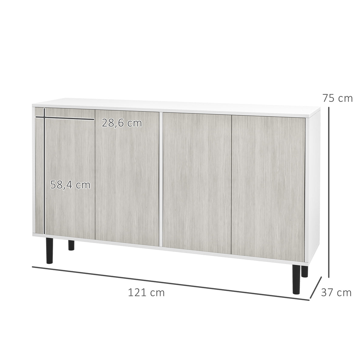Buffet de cuisine meuble de rangement 2 placards avec étagères réglables, 121 x 37 x 75 cm, blanc et aspect bois gris-2