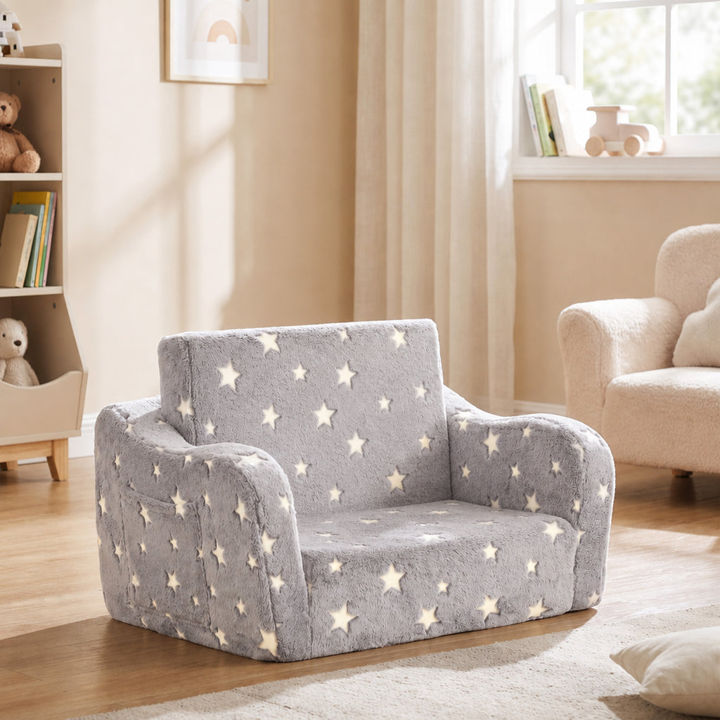 Canapé enfant 2 en 1, fauteuil pour enfant avec étoiles phosphorescentes, dépliable en méridienne, gris-1
