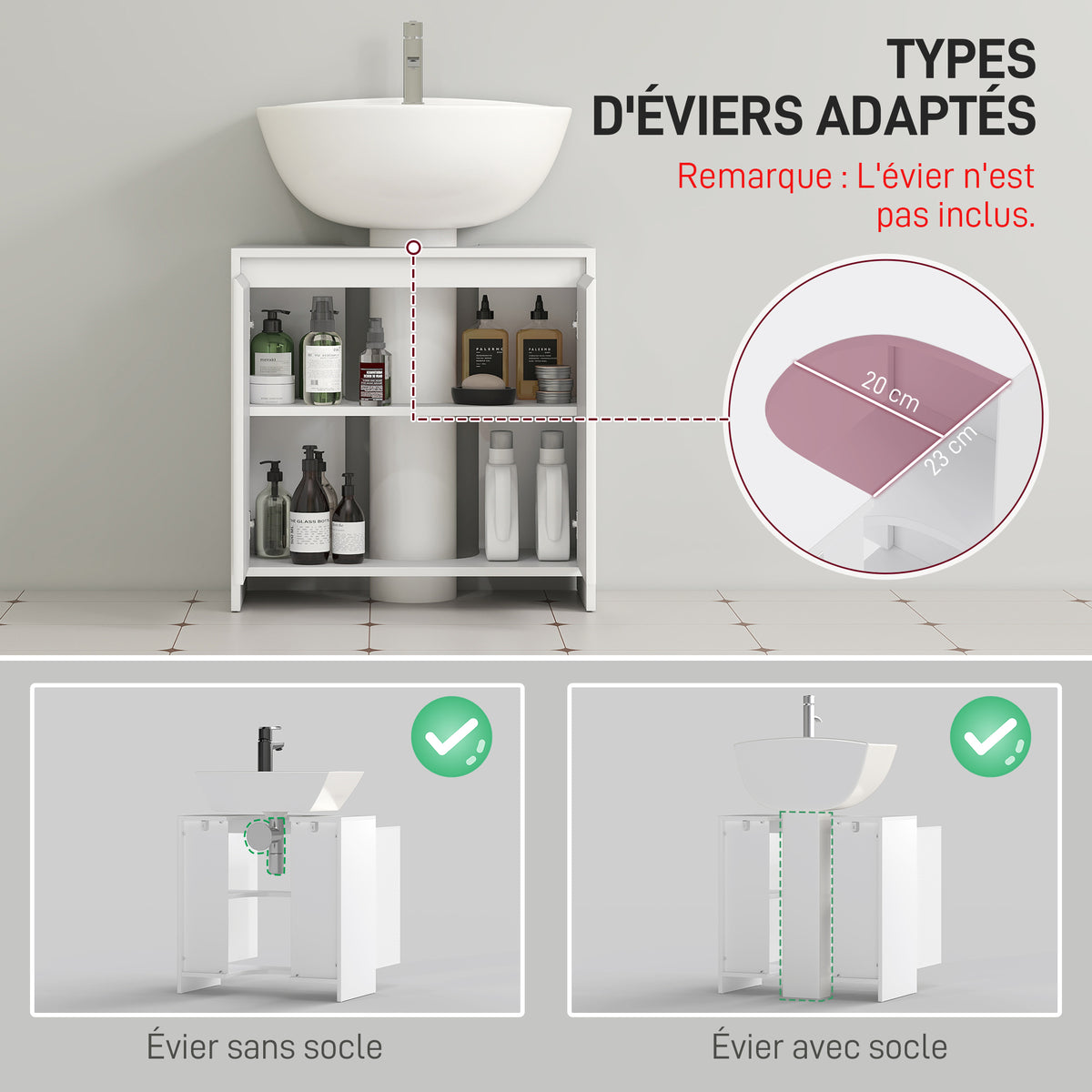 Meuble sous vasque 2 portes avec étagère réglable armoire de rangement pour lavabo 60l x 30P x 60H cm blanc-3