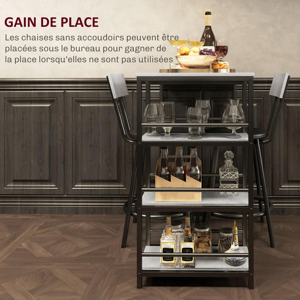 Ensemble table de bar avec 2 tabourets et étagères de rangement pour salle à manger, cuisine, gris et noir-5