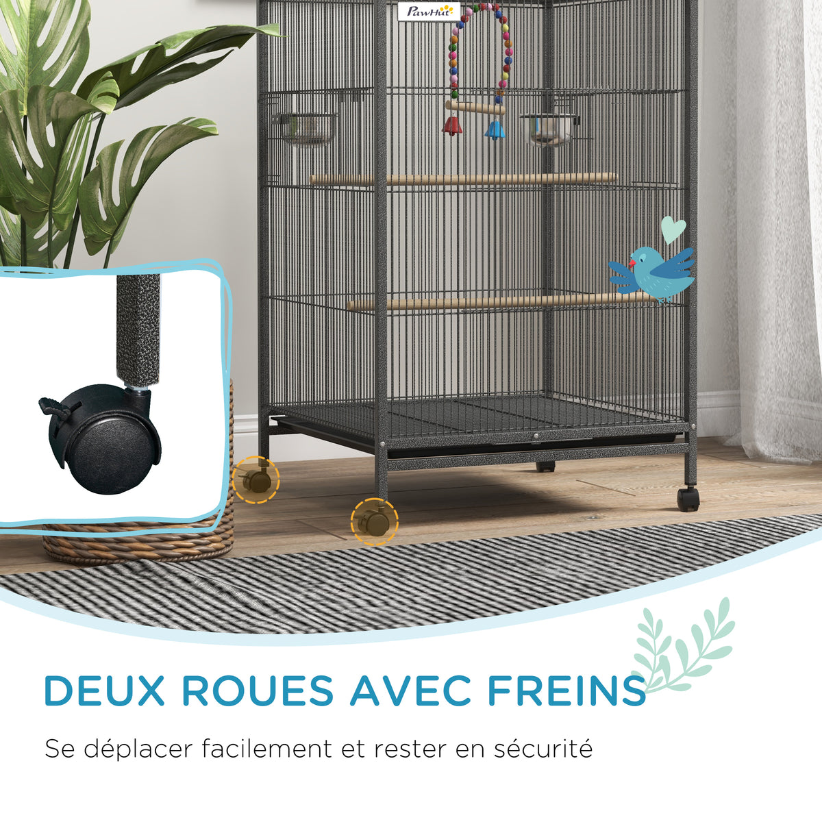 Cage oiseau sur pied cage sur roulettes avec balançoire, perchoirs et plateau coulissant 48 x 46 x 78 cm en acier noir-6