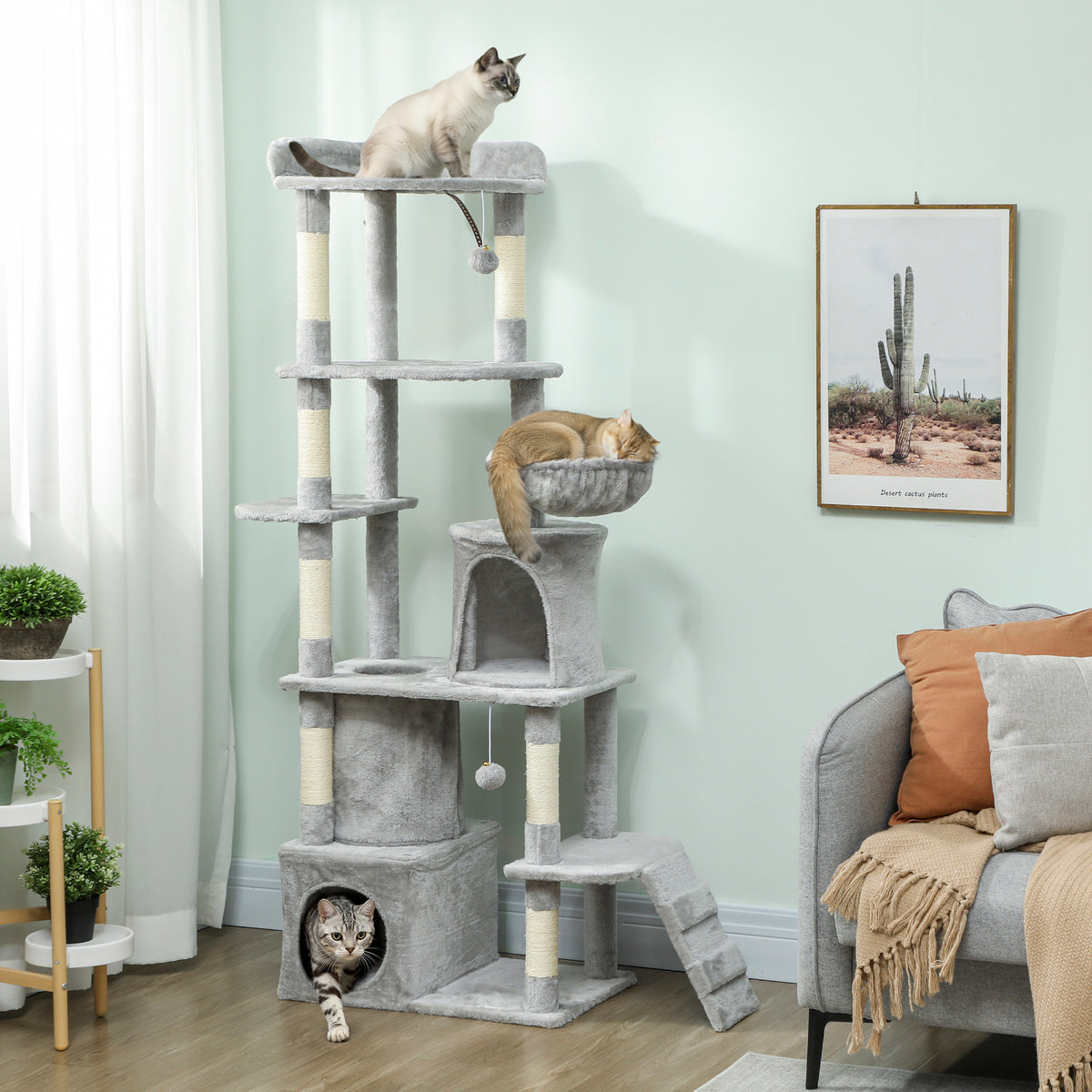 Arbre à chat tour de jeux 7 poteaux à griffer 3 platesformes 2 niches tunnel hamac et 2 pompons 170 cm gris foncé-1