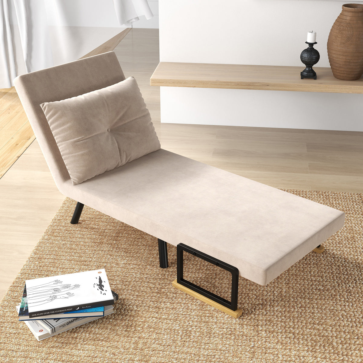 Fauteuil convertible 3 en 1 lit 1 place dossier 5 positions, accoudoirs en bois et coussin, tissu effet velours, beige-9