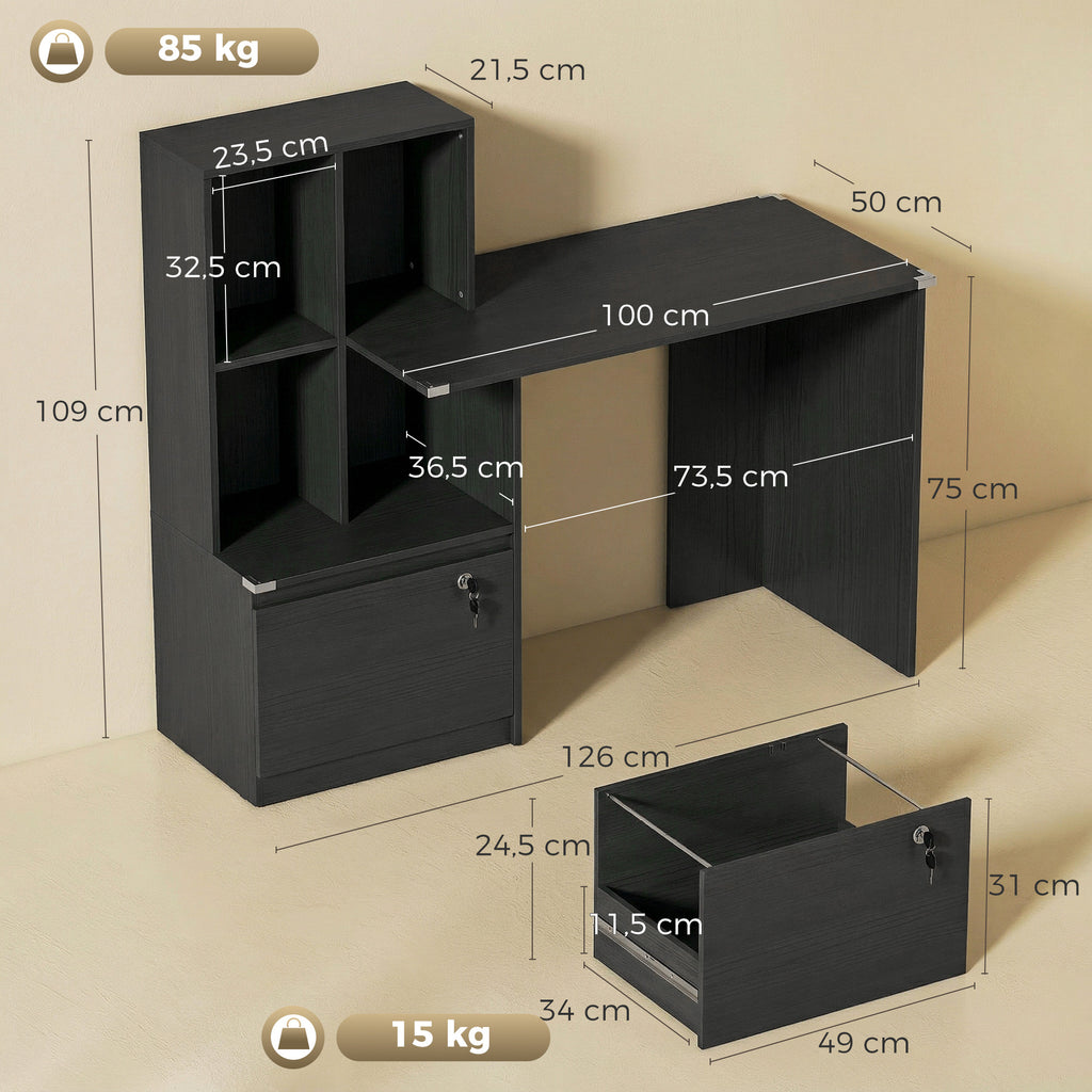 Bureau d'ordinateur avec bibliothèque 4 compartiments et tiroir verrouillable, 126 x 50 x 109 cm, noir-2