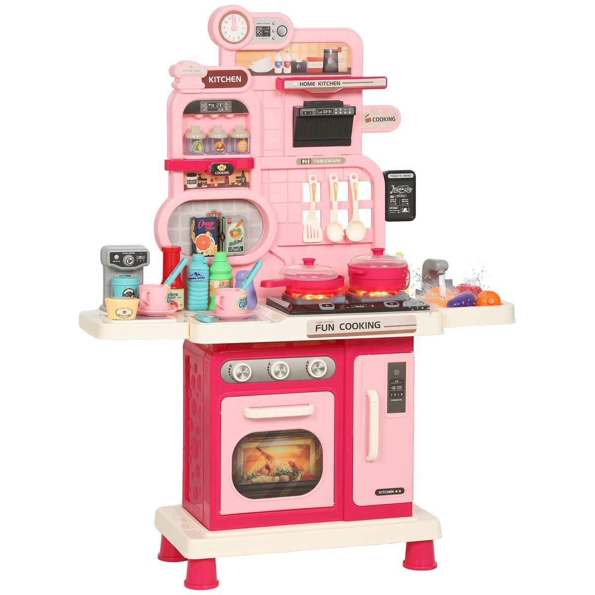 Cuisine pour Enfants Interactive, 33 Accessoires, avec Sons, Lumières, Rangement, 3-6 Ans, 67x25x87cm, Rose-0