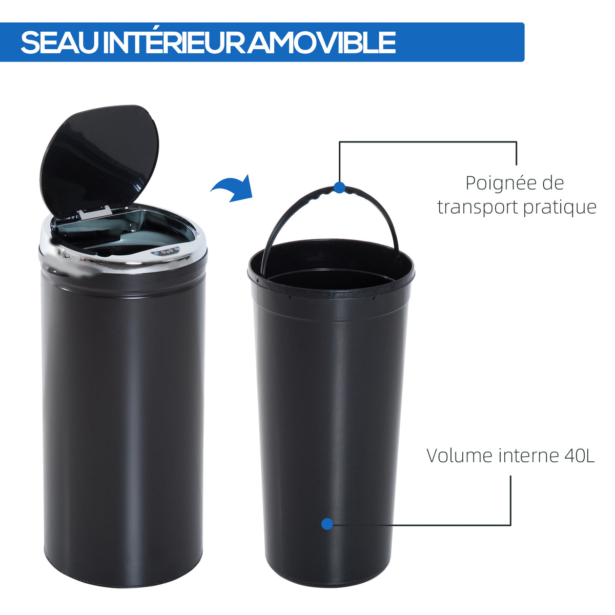 Poubelle automatique 42L, poubelle de cuisine acier galvanisé à capteur de mouvement et bac interne amovible, noir-3