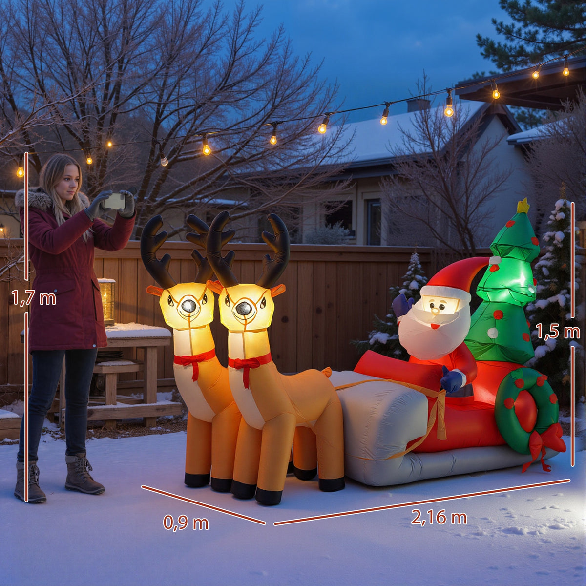 Père Noël gonflable de 2,1 m sur traîneau avec deux rennes, décoration de Noël gonflable avec lumières LED intégrées-2