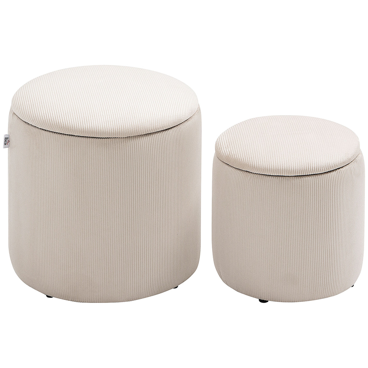 Lot de 2 poufs tabourets repose-pieds coffre de rangement en tissu aspect velours côtelé Ø40 cm et Ø30 cm, crème-0