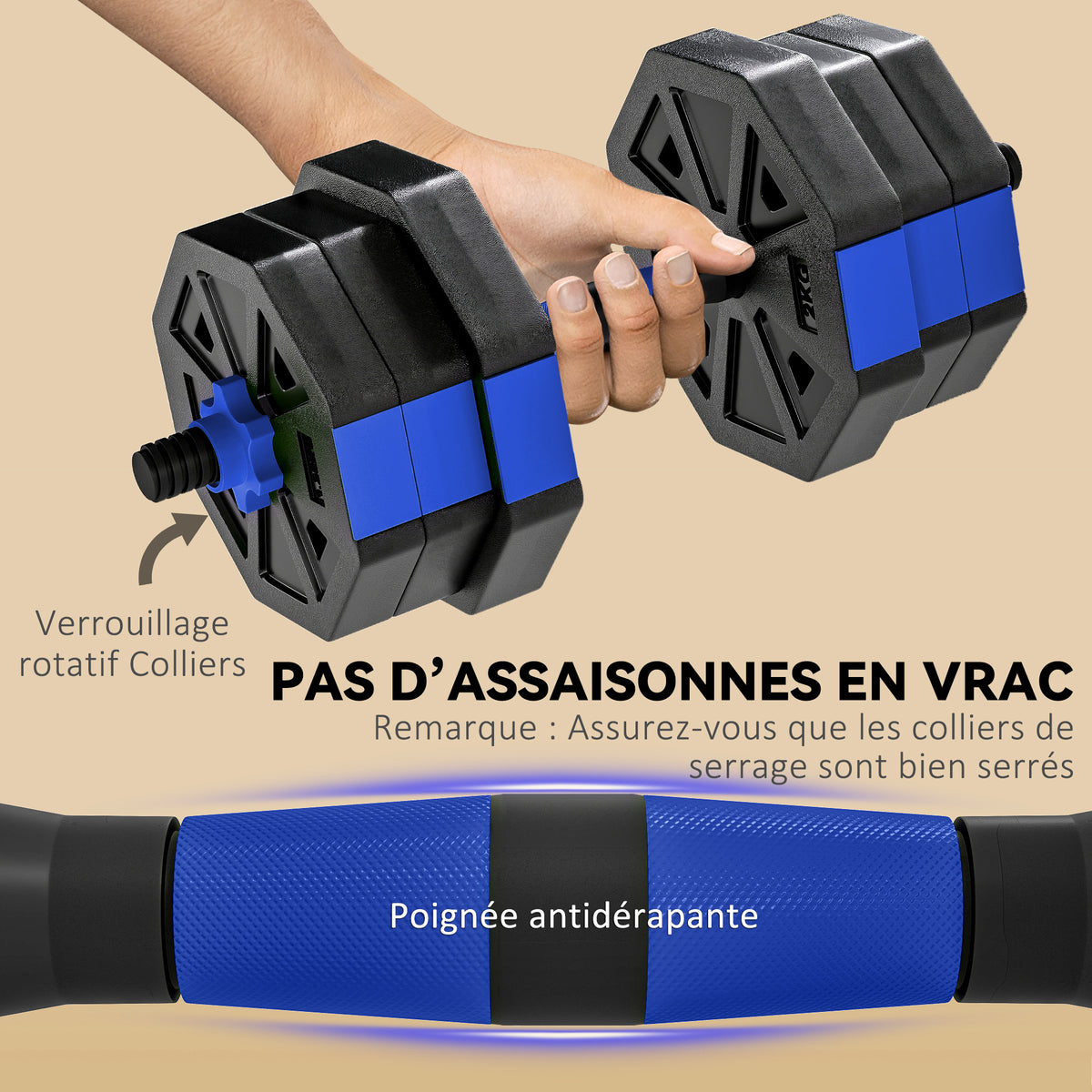 Ensemble d'haltères musculation 6-en-1 haltère réglable 20 kg kettlebell, barre de musculation support pour pompes bleu-5