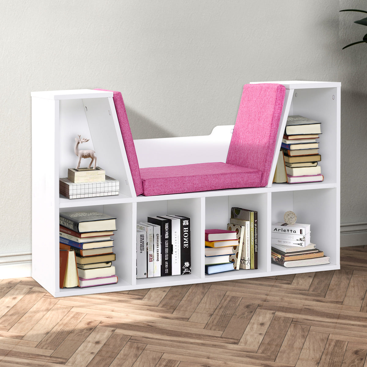 Bibliothèque banc 2 en 1 avec coussins de siège, étagère cube 6 compartiments ouverts et 2 niveaux, meuble de-7