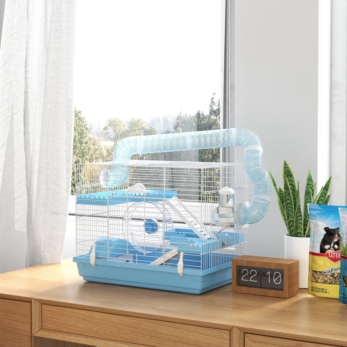 Cage pour hamster portable avec cabane, roue de course, gamelle, bouteille d'eau, 47,5 x 31,5 x 29,5 cm, bleu clair-1