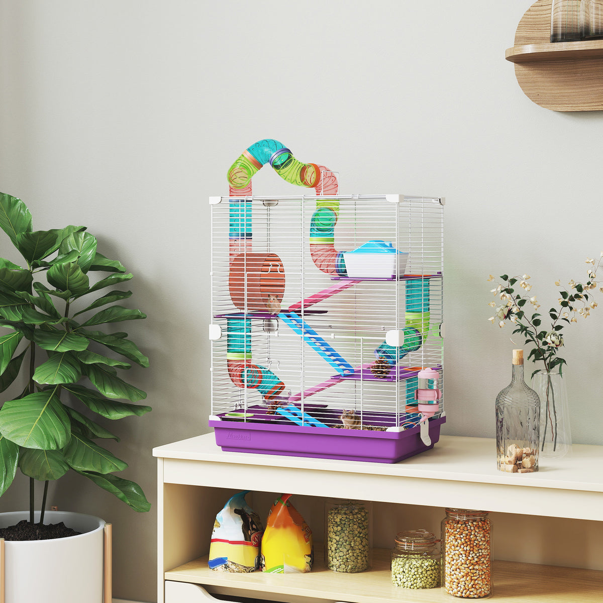 Cage pour hamster rongeur 4 étages avec tunnels mangeoire roue maison échelles 46 x 30 x 58 cm violet-1