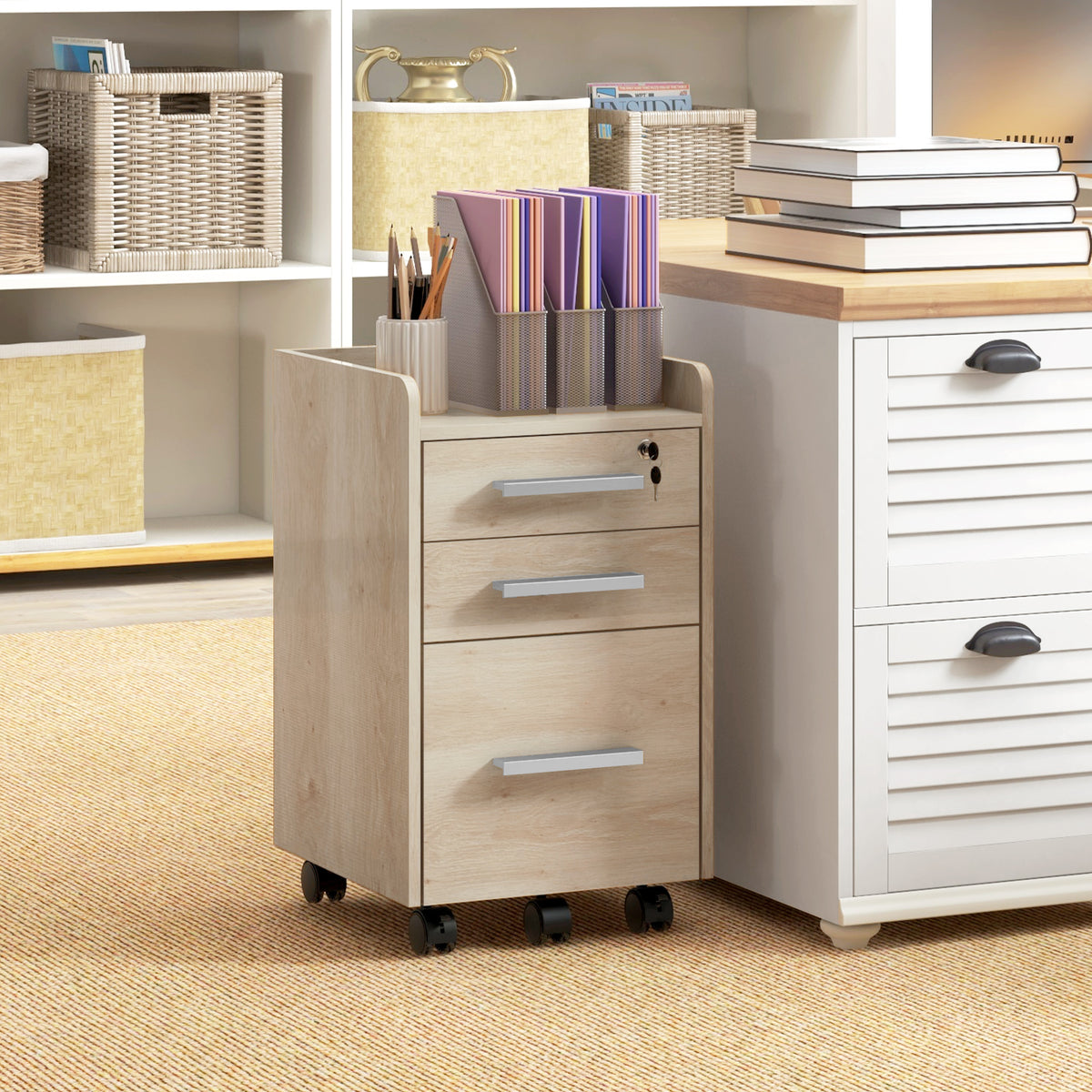 Caisson de bureau rangement bureau sur roulettes 3 tiroirs 1 verrouillable 1 trieur dossiers en bois beige-9