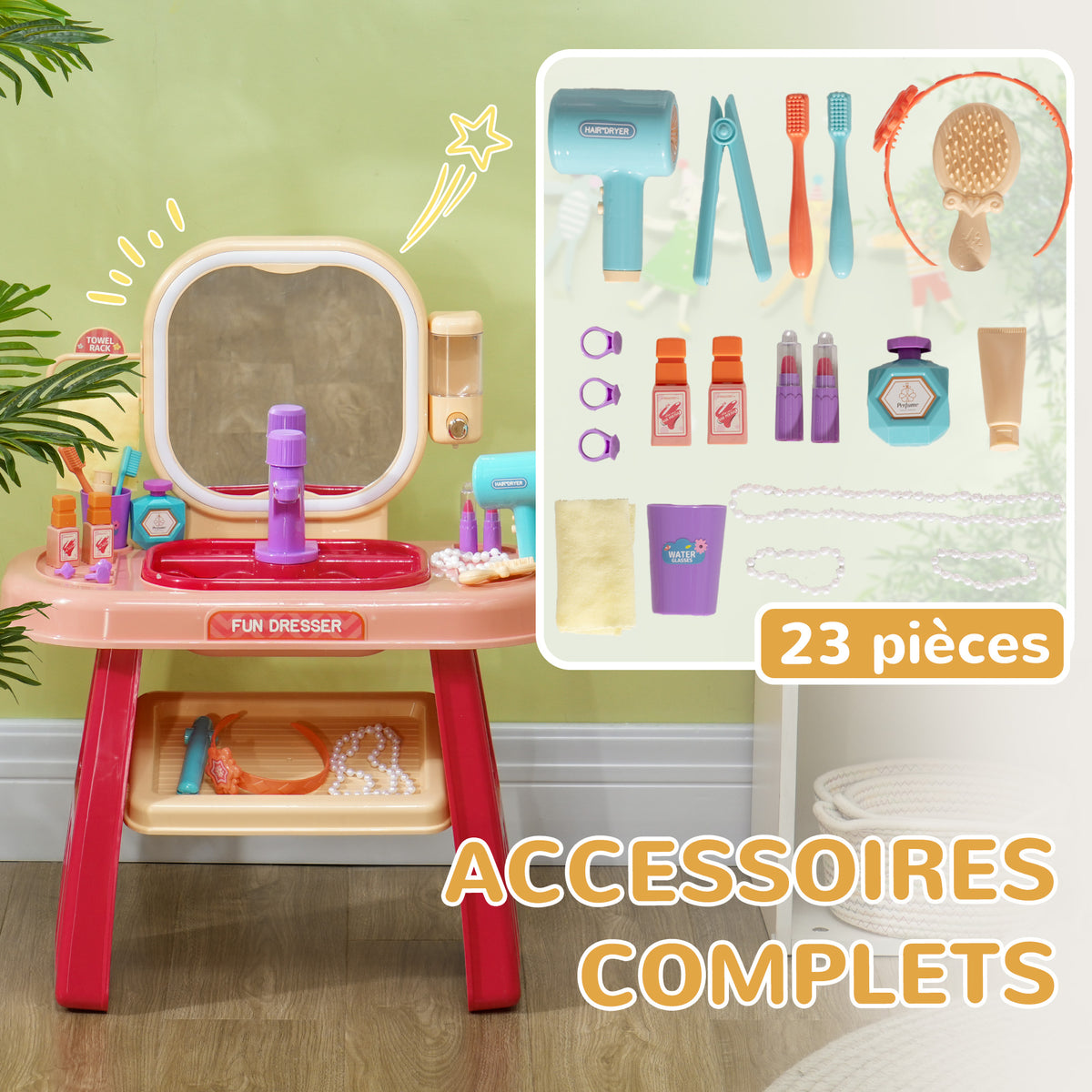 Coiffeuse pour enfants 23 PCS, table de maquillage avec miroir, lumière LED et musique, pour enfants de 3 à 6 ans, rose-7