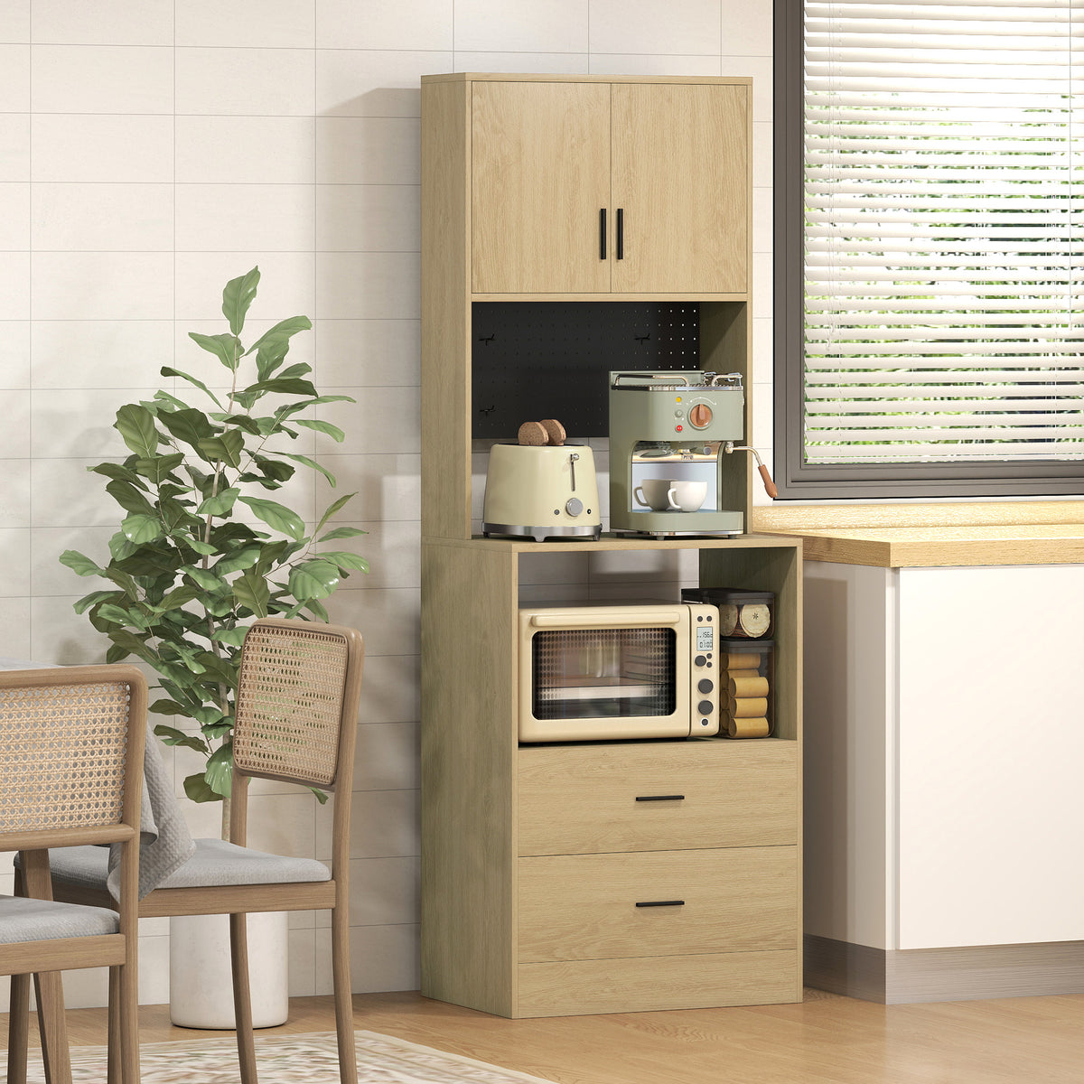 Meuble micro-ondes, buffet, 2 tiroirs, 2 portes, plan de travail, étagère réglable, panneau perforé, 4 crochets, naturel-1
