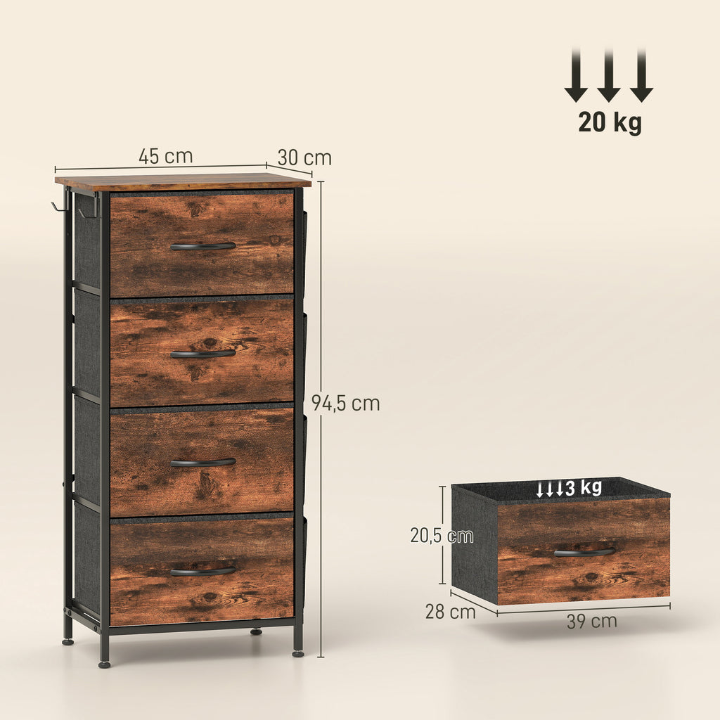 Commode 4 tiroirs en tissu, meuble de rangement avec 4 poches, 2 crochets, structure en acier, 45 x 30 x 94,5 cm, marron-2