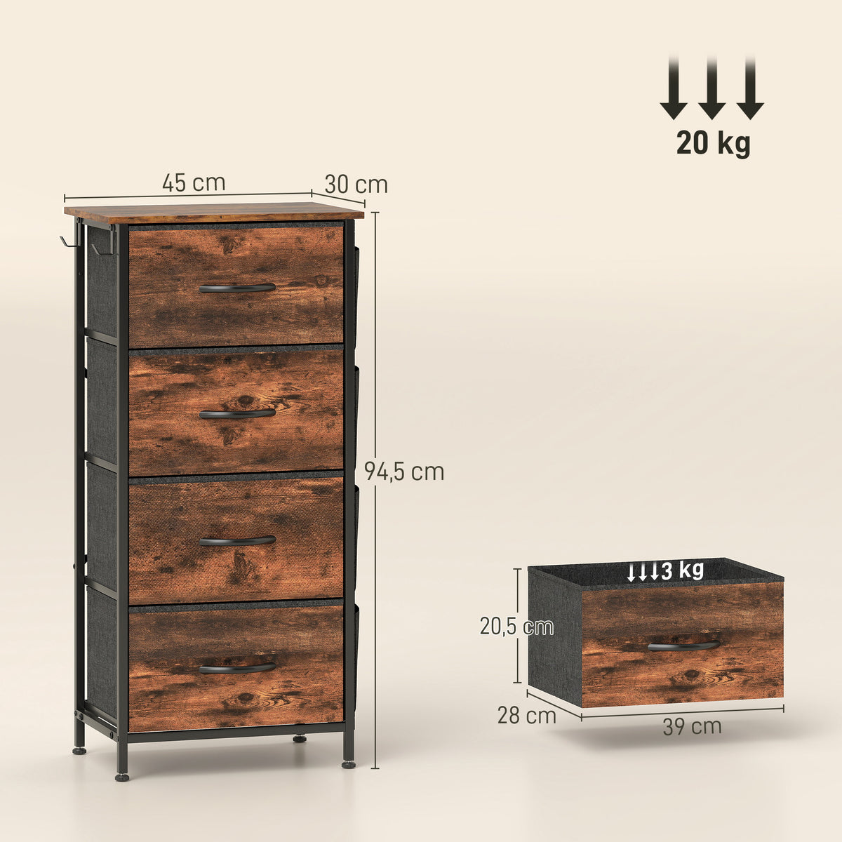 Commode 4 tiroirs en tissu, meuble de rangement avec 4 poches, 2 crochets, structure en acier, 45 x 30 x 94,5 cm, marron-2