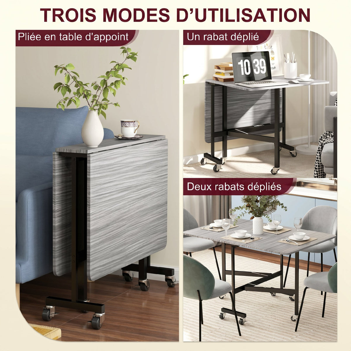 Table à Manger Pliante sur Roulettes pour 4-6 Personnes 120 cm, Roues avec Freins, 2 Abattants, Style Industriel, Gris-3