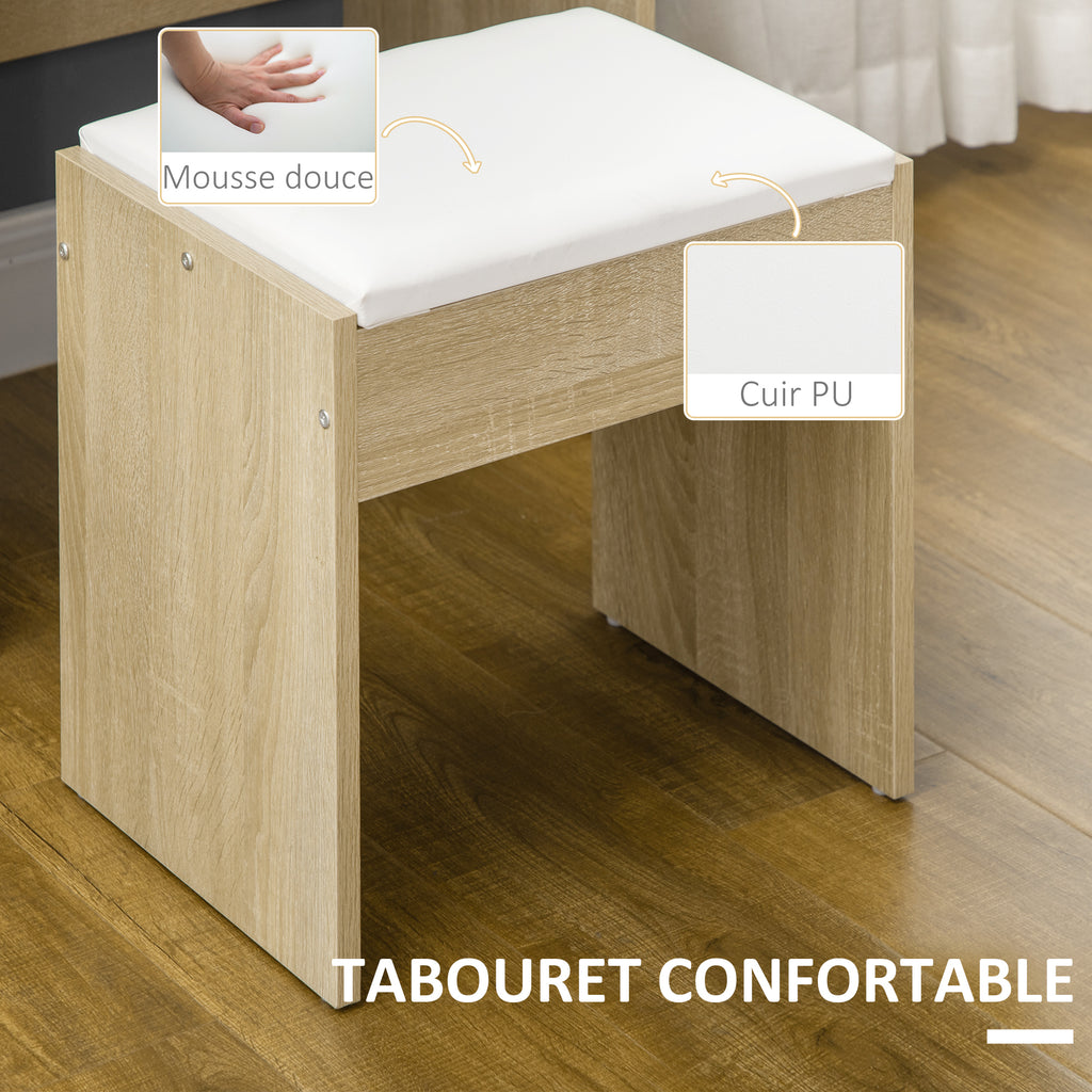 Ensemble de coiffeuse table de maquillage avec tabouret rembourré grand miroir + plusieurs étagères ouvertes + 4 tiroirs bois naturel-5