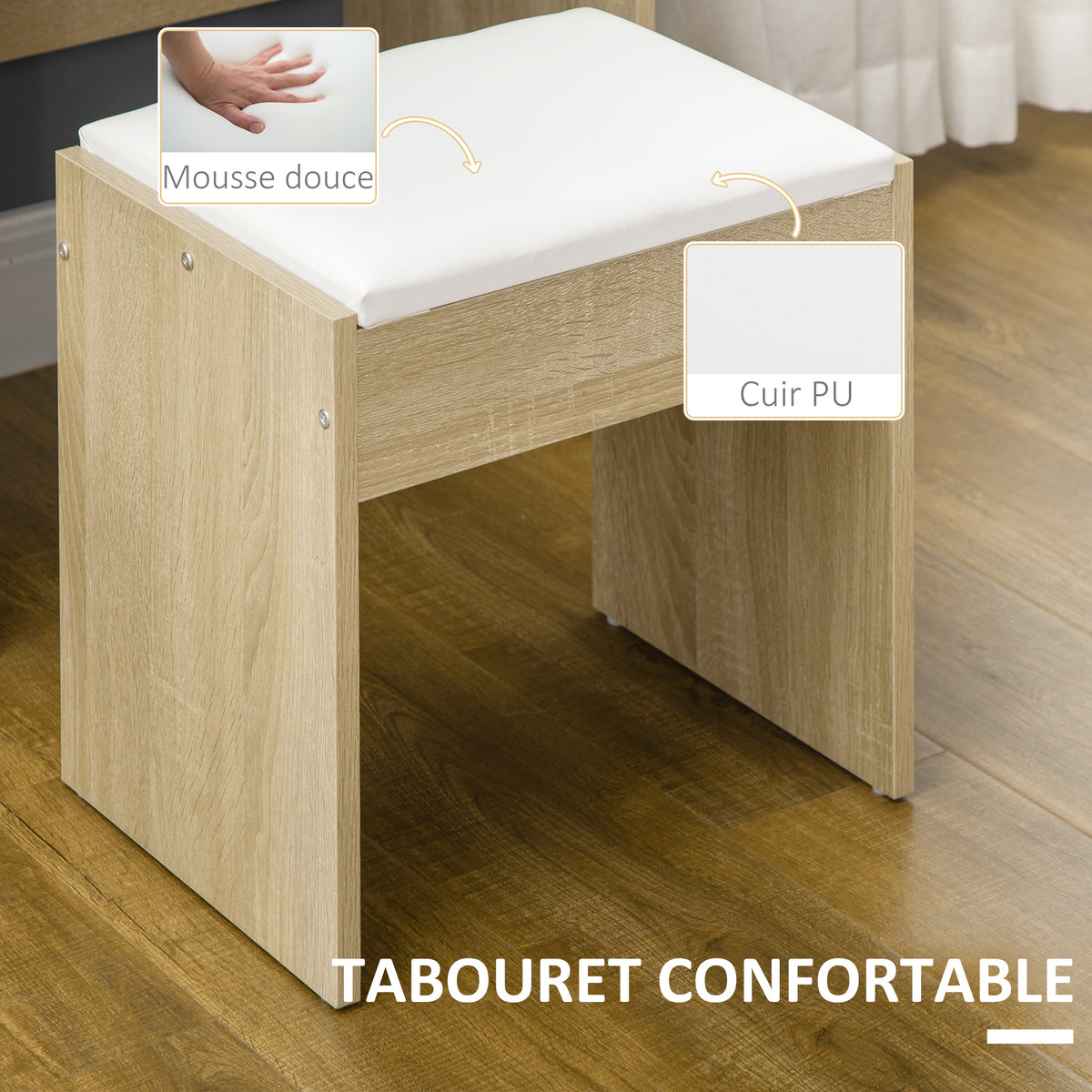 Ensemble de coiffeuse table de maquillage avec tabouret rembourré grand miroir + plusieurs étagères ouvertes + 4 tiroirs bois naturel-5