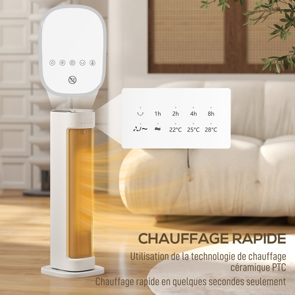 Chauffage d'appoint céramique PTC, radiateur électrique 2000 W avec thermostat réglable, minuterie, 21x19,7x61cm, blanc-3