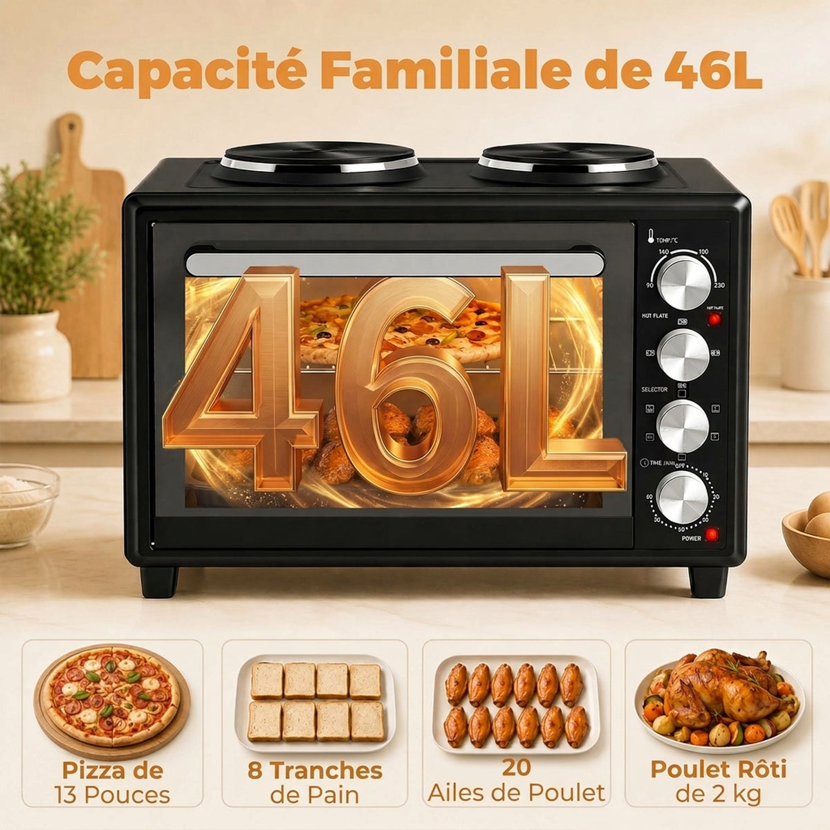 Mini-Four avec 2 Plaques de Cuisson et Broche Rotative 46L 2850 W, Four à Convection Multifonction, Minuterie, Noir-5