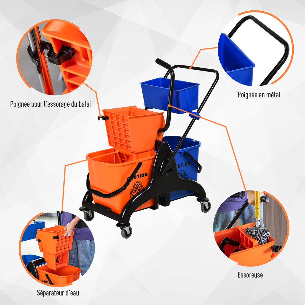 Chariot de ménage chariot de lavage professionnel essoreuse latérale seau 26 L + panier de rangements 78 x 45 x 95 cm métal et plastique orange-3