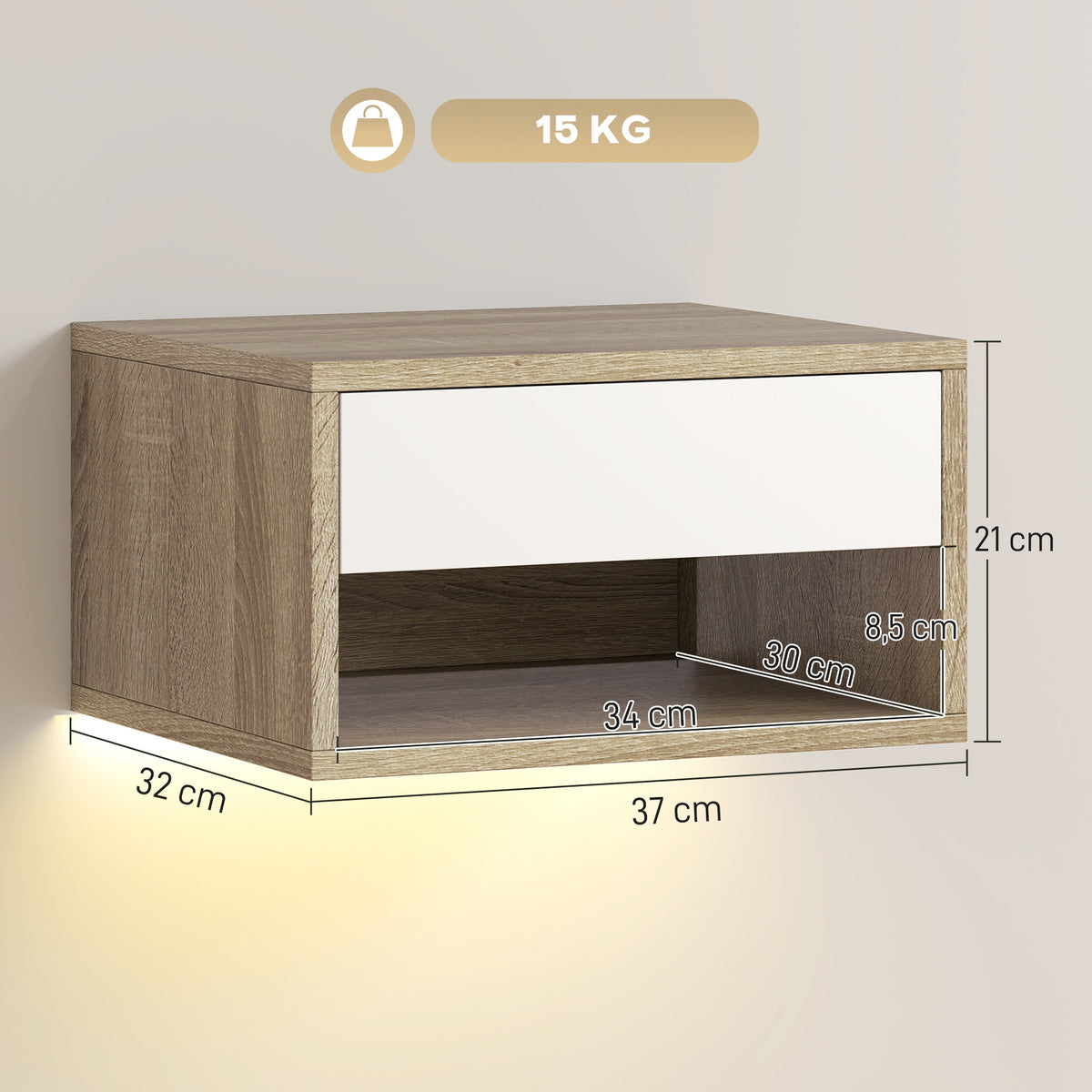 Lot de 2 tables de chevet suspendues avec éclairage LED RGB contrôle par application, étagère, tiroir, 37x32x21cm, teck-2