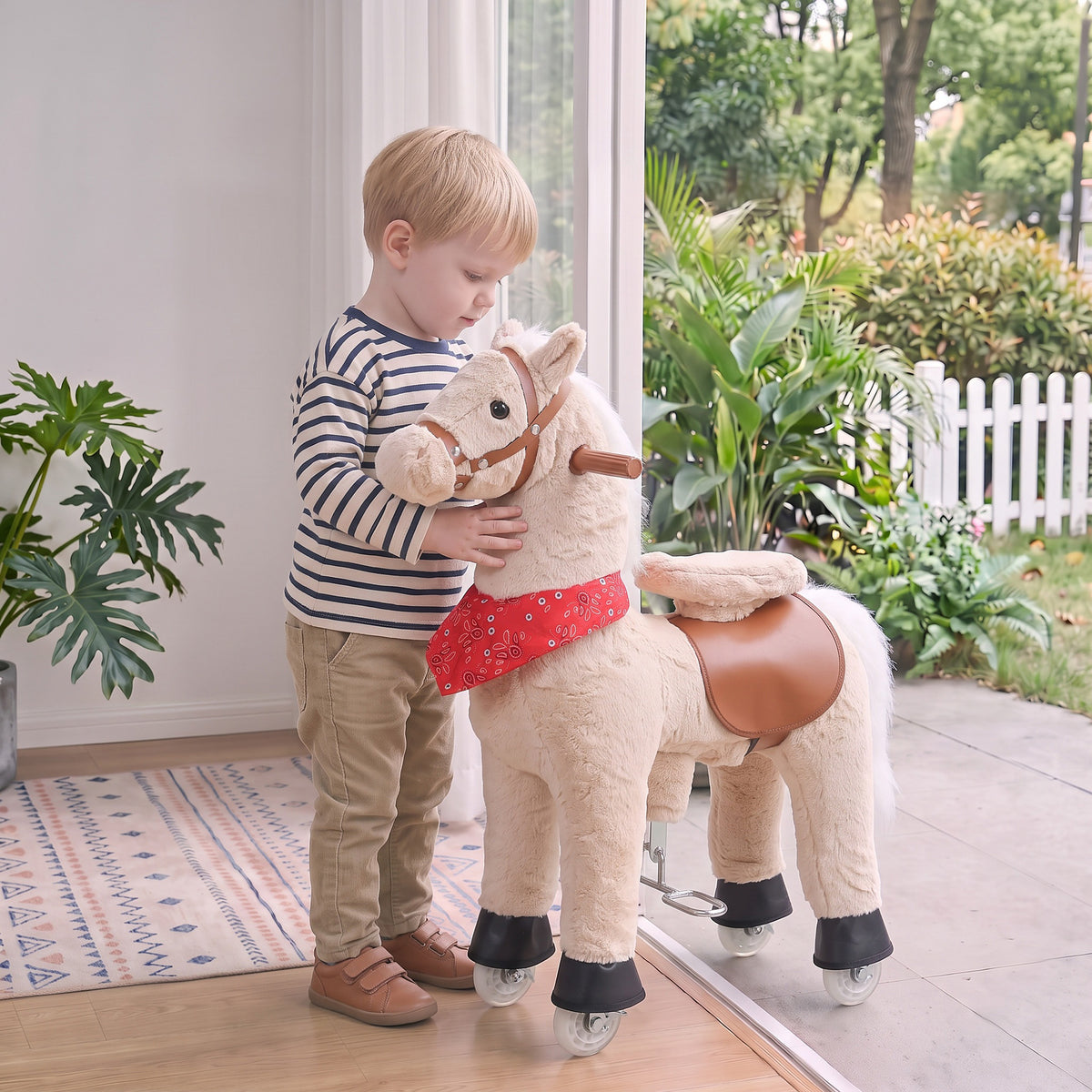 Cheval à bascule en peluche avec tête rotative, roues roulantes et sons de hennissement, dès 2 ans, marron clair-9