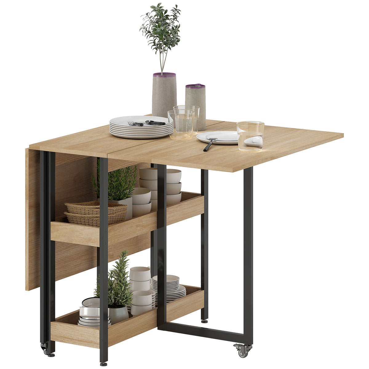 Table à manger pliante sur roulettes 4 personnes avec compartiments ouverts, pour petits espaces, salle à manger, chêne-0